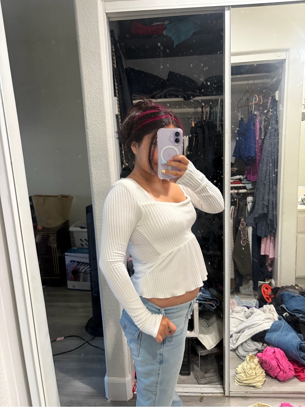 Women’s White Ribbed Long-Sleeve Square-Neck Top
